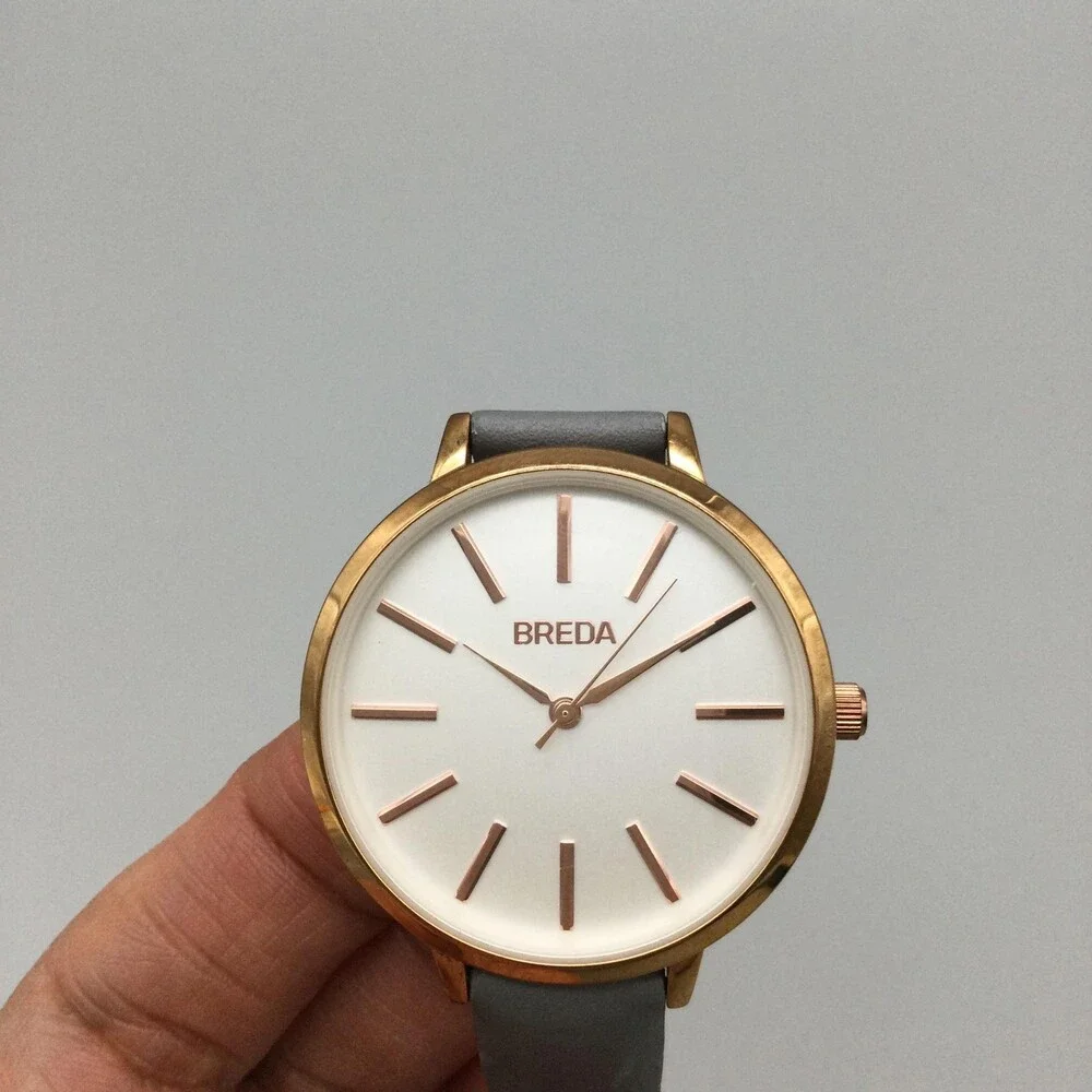 Breda Womens Watch 37mm Silver Gold Tone Gray Leather Strap New Battery